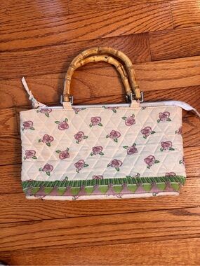 Quilted Cream Shoulder Bag with Pink Rose Print and Bamboo Handles